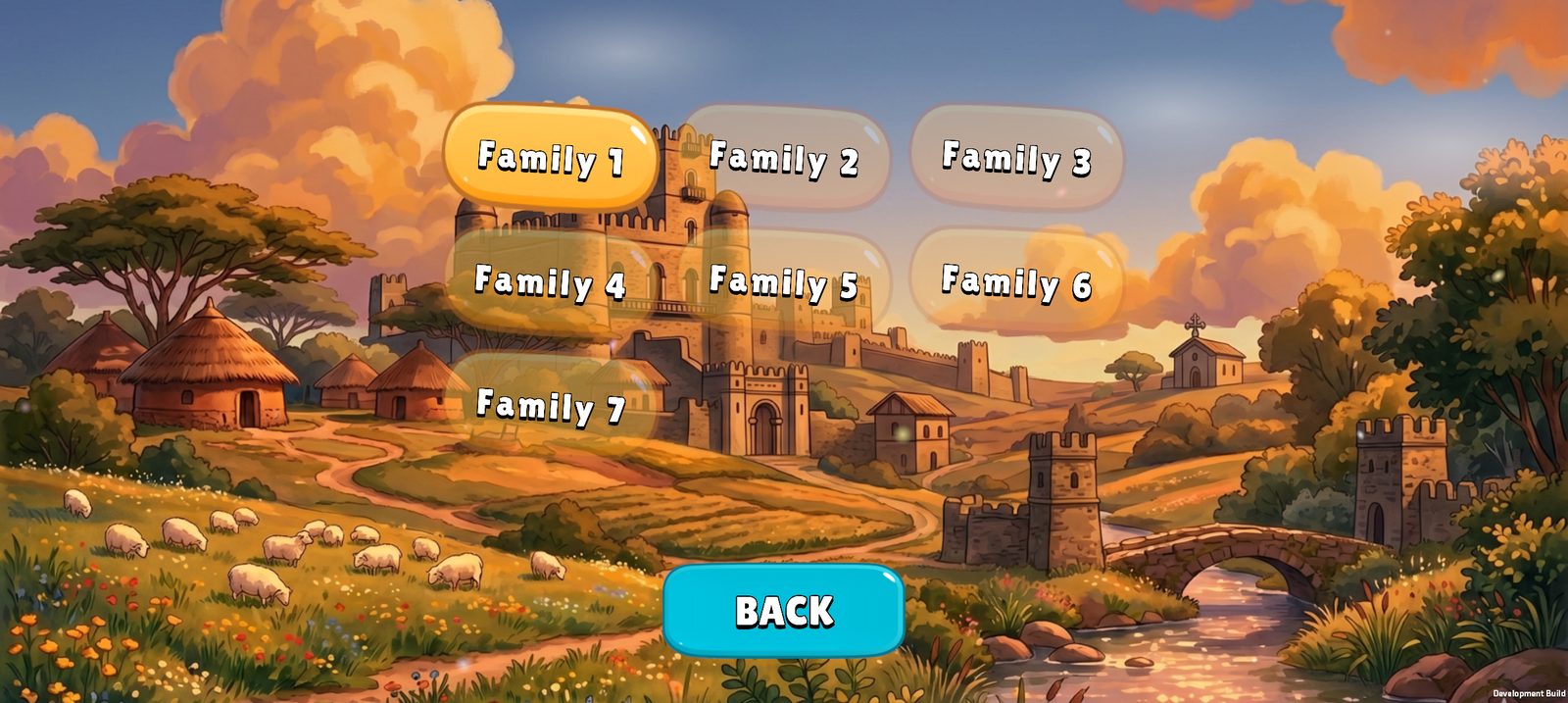 The family select screen with seven family buttons.