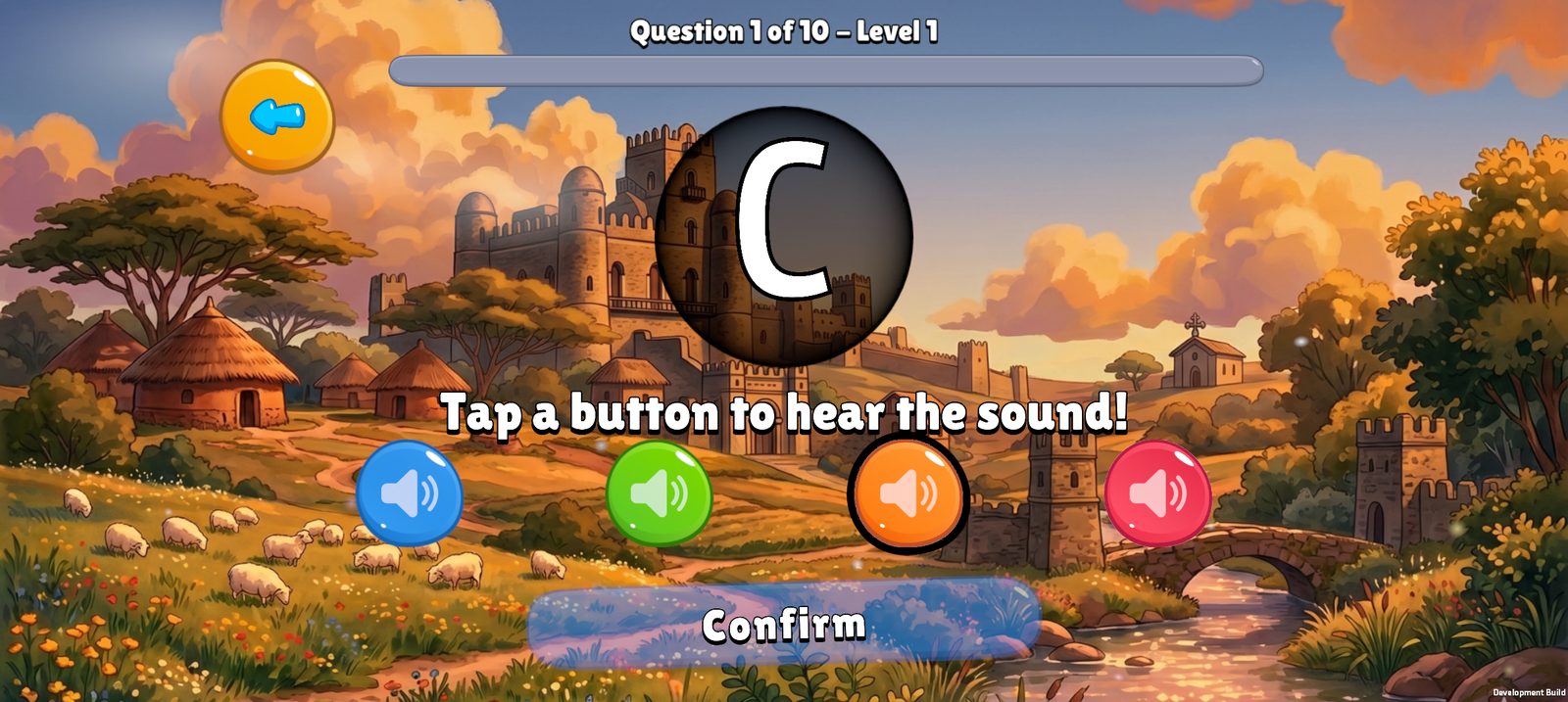 The See and Pick quiz: a letter in a circle with four coloured sound buttons below.