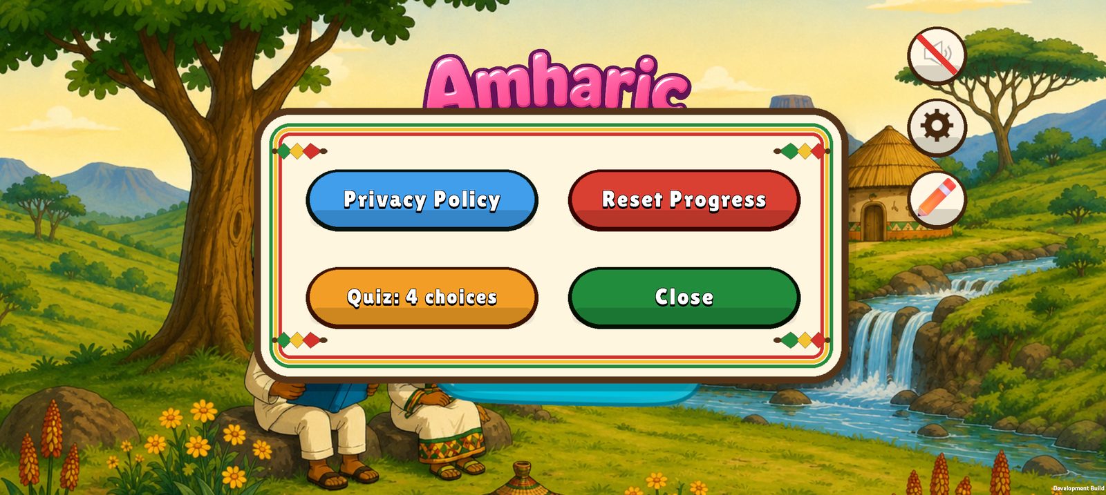 The settings panel with Privacy Policy, Reset Progress, quiz choices and Close buttons.