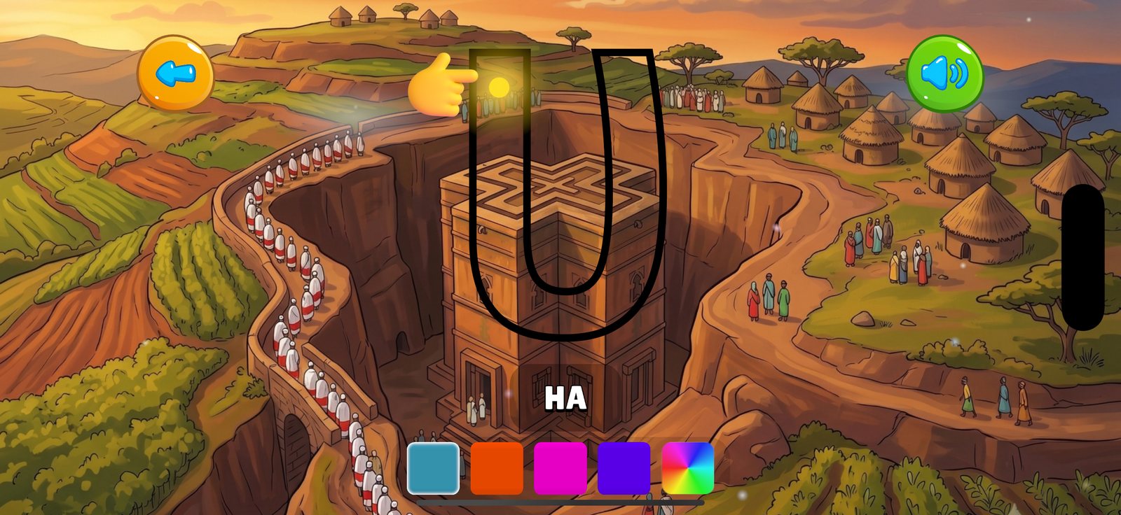 The tracing screen on iPhone: the letter ሀ, named HA, with a pointing hand showing where to start and a row of colours below.
