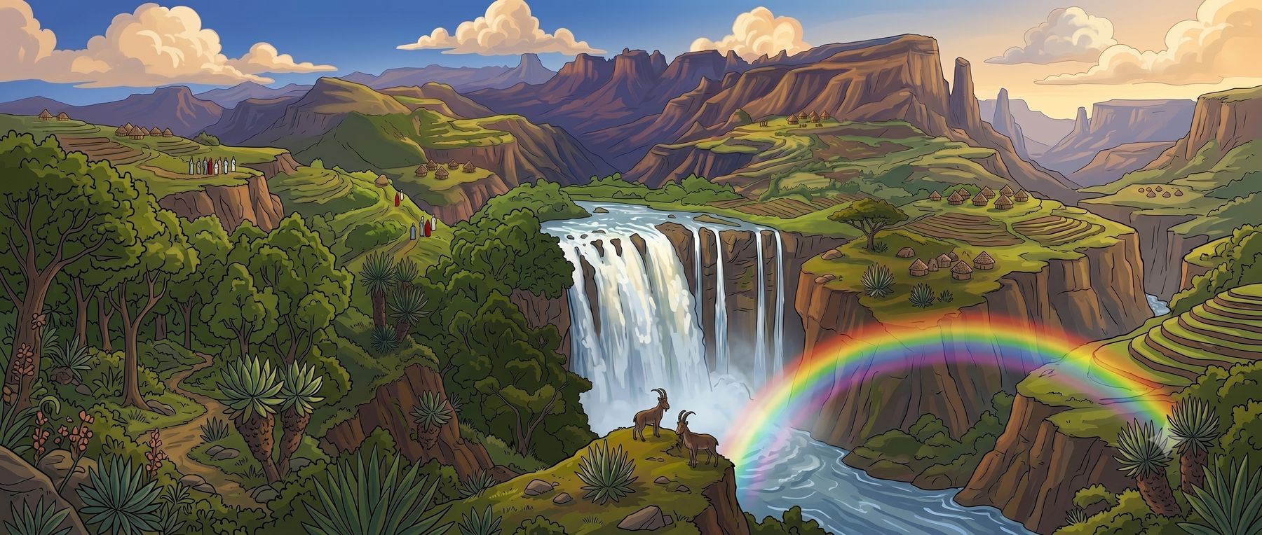 Illustration of the Blue Nile Falls with a rainbow.