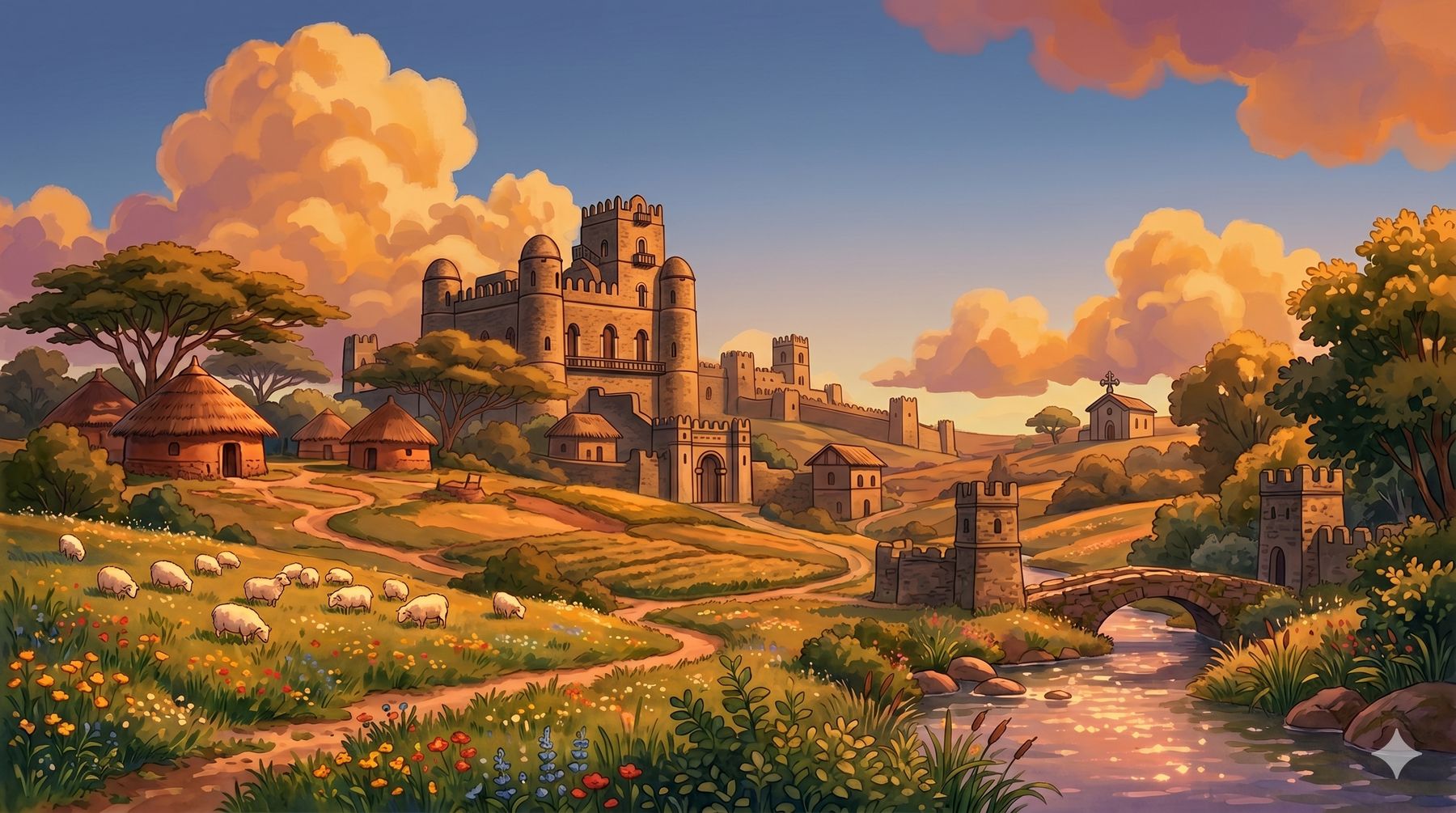 Illustration of the castle of Gondar above a village and river.