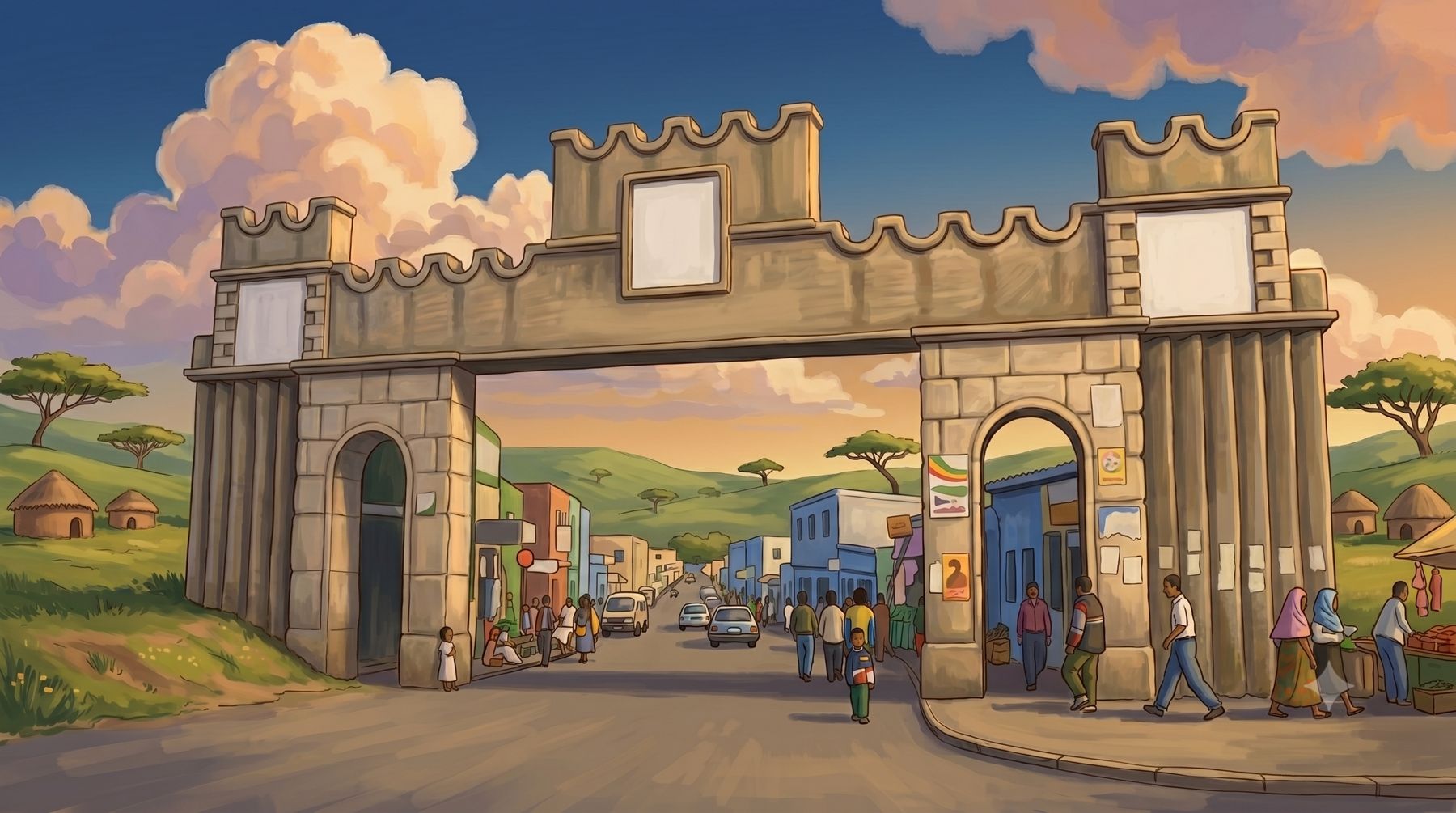 Illustration of a city gate in Harar with people walking through.