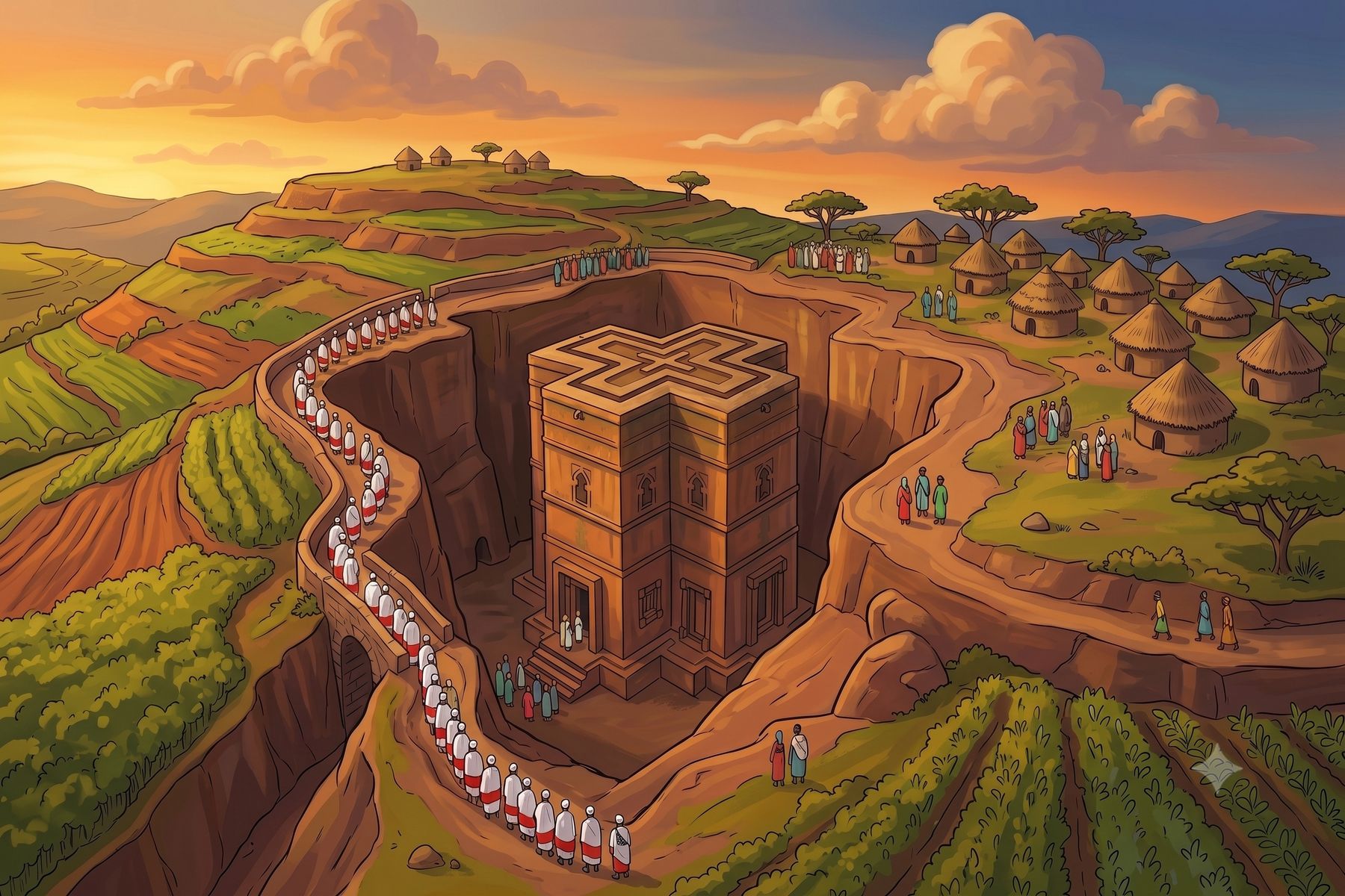 Illustration of the rock-hewn church of Bete Giyorgis in Lalibela.
