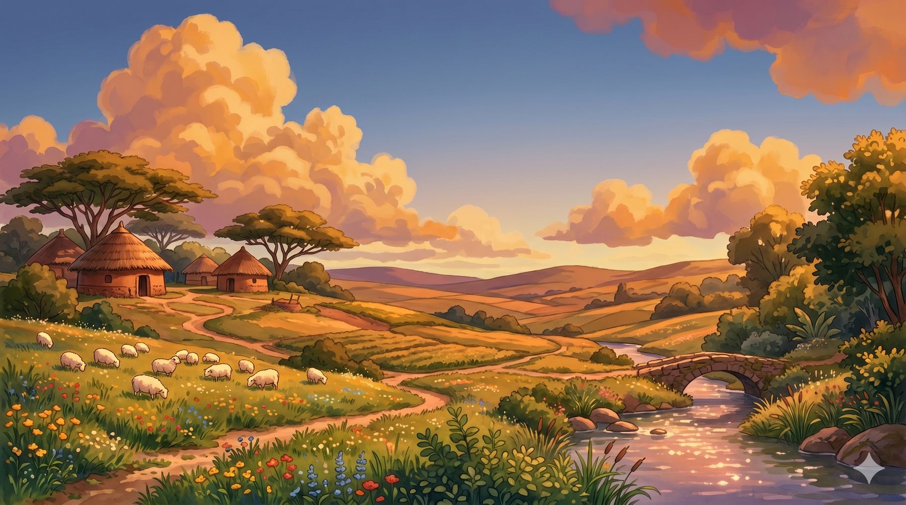 Illustration of a village with round houses, sheep and a stone bridge.